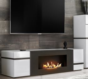 TV-Lowboard Lovely in wei� Hochglanz und Ulme TV Unterteil mit Ethanol Kamin 150 cm