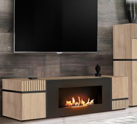 TV-Lowboard Lovely in Hickory Eiche und schwarz TV Unterteil mit Ethanol Kamin 150 cm