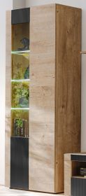 Vitrine Heron in Eiche Dekor mit Schwarz, Vitrinenschrank mit Push-To-Open und Beleuchtung, 70 x 192 cm