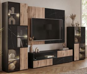 Wohnwand Starlet in schwarz, Vicking Eiche und Marmor schwarz Schrankwand 300 cm inkl. LED, Push-To-Open