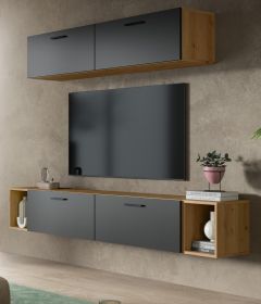 Wohnwand Onawa in Grau und Artisan Eiche Wohnkombination 202 x 184 cm, Soft-Close