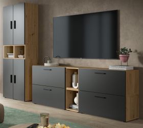Wohnwand Onawa in Grau und Artisan Eiche Wohnkombination 256 x 178 cm, Soft-Close