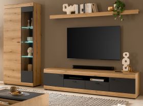 Wohnwand Assina in Evoke Eiche und Graphit Grau, Wohnzimmer Set 300 x 201 cm mit Soft-Close