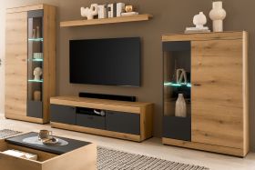 Wohnwand Assina in Evoke Eiche und Graphit Grau, Wohnkombination 350 x 201 cm mit Soft-Close