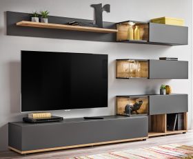 Wohnwand Lester in Anthrazit und Wotan Eiche Schrankwand mit LED, Push-to-Open, 240 x 150 cm