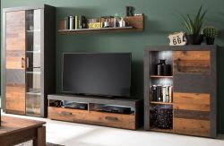 Wohnwand Foundry 4-teilig 340 cm in Used Wood Altholz und Matera grau mit LED Beleuchtung