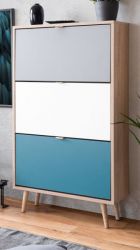 Schuhschrank Colory in Sonoma Eiche hell mit Petrol, Wei� und Grau skandinavischer Schuhkipper Tricolor 70 x 125 cm
