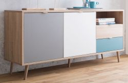 Sideboard Colory in Sonoma Eiche hell mit Petrol, Wei� und Grau skandinavische Kommode Tricolor 150 x 71 cm