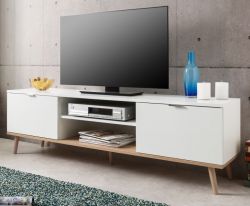 TV-Lowboard Lundby in matt wei� mit Sonoma Eiche massiv Fernsehtisch skandinavisch 160 x 51 cm TV-Unterteil