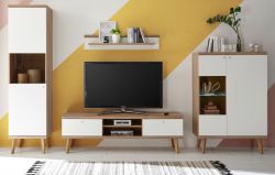 Wohnwand Helge in wei� und Eiche Riviera Schrankwand skandinavisch 4-teilig 320 x 197 cm