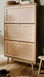Schuhschrank Niran in Sonoma Eiche mit Bast - Dekor Schuhkipper skandinavisch 70 x 125 cm