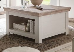 Couchtisch Rovola in Pinie wei� / Oslo Pinie Landhaus Beistelltisch mit Truhe und Ablage 86 x 86 cm quadratisch