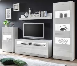Wohnwand Nobile in Hochglanz wei� und Stone Design grau Anbauwand 4-teilig 302 x 198 cm