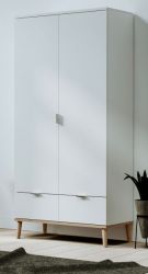 Kleiderschrank Lundby in matt wei� mit Sonoma Eiche massiv Dreht�renschrank 2-t�rig skandinavisch 90 x 180 cm