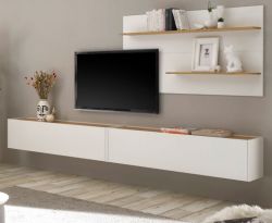 Wohnkombination Center in wei� und Wotan Eiche Wohnwand 3-teilig 300 x 180 cm mit XXL-Board und Wandpaneel