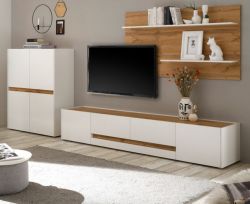 Wohnkombination Center in wei� und Wotan Eiche Wohnwand 3-teilig 343 x 180 cm mit XL-Board
