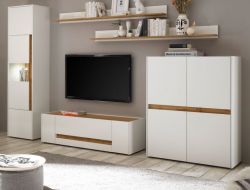 Wohnwand Center in wei� und Wotan Eiche Wohnkombination 5-teilig 330 x 197 cm