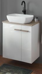 Waschbeckenunterschrank MIT Waschbecken Dense in wei� Lack Hochglanz und Eiche Waschtisch Set h�ngend / stehend 60 cm