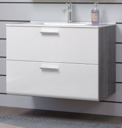 Waschbeckenunterschrank MIT Waschbecken Riva in wei� Hochglanz und Rauchsilber grau Waschtisch h�ngend 82 x 59 cm
