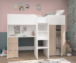 Parisot Hochbett Tom in wei� und Jackson Eiche Jugendzimmer Bett mit Schreibtisch und Kleiderschrank
