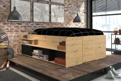 Parisot Stauraumbett Travel in Eiche Artisan und schwarz Hochbett Liegefl�che 140 x 200 cm