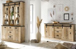 Wohn- und Esszimmer Set Stove in Used Wood hell und anthrazit Wohnkombination 2-teilig mit Buffetschrank und Sideboard