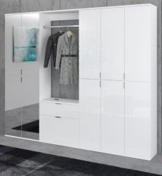 Garderobe SystemX in wei� Hochglanz, mit Spiegel und variabler Inneneinteilung 213 x 193 cm