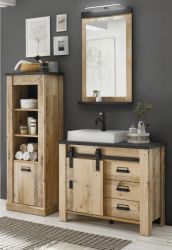 Badm�bel Set 5-teilig Stove in Used Wood hell und anthrazit Badkombination MIT Waschbecken und LED Spiegellampe