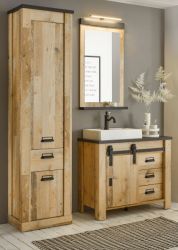 Badm�bel Set 5-teilig Stove in Used Wood hell und anthrazit Badkombination MIT Waschbecken und LED Spiegellampe