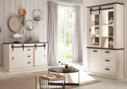Wohn- und Esszimmer Set Stove in wei� Pinie und anthrazit Landhaus Wohnkombination 2-teilig mit Vitrine und Sideboard