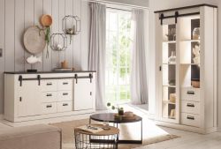 Wohn- und Esszimmer Set Stove in wei� Pinie und anthrazit Landhaus Wohnkombination 2-teilig mit Vitrine und Sideboard