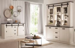Wohn- und Esszimmer Set Stove in wei� Pinie und anthrazit Landhaus Wohnkombination 2-teilig mit Buffetschrank und Sideboard