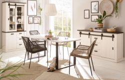 Esszimmer Set Stove in wei� Pinie und anthrazit Landhaus Speisezimmer 3-teilig mit Esstisch, Vitrine und Sideboard
