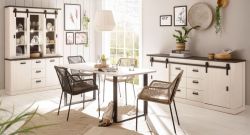 Esszimmer Set Stove in wei� Pinie und anthrazit Landhaus Speisezimmer 3-teilig mit Buffetschrank, Esstisch und Sideboard