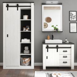 Badm�bel Set 5-teilig Stove in wei� Pinie und anthrazit Landhaus Badkombination MIT Waschbecken und LED Spiegellampe