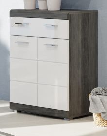 Badezimmer Kommode Shawn in wei� Hochglanz und Rauchsilber grau Badschrank 74 x 88 cm