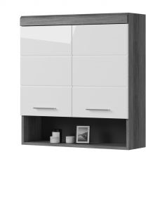 Badezimmer H�ngeschrank Shawn in wei� Hochglanz und Rauchsilber grau Badschrank 74 x 79 cm