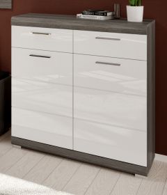 Schuhschrank Shawn in wei� Hochglanz und Rauchsilber grau Flur Kommode 90 x 96 cm
