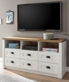 TV-Lowboard Seyne in wei� Pinie und Eiche hell Landhaus TV Unterteil mit Komforth�he 130 x 68 cm