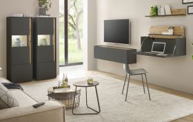 Wohnwand mit Sekret�r Center in grau matt und Wotan Eiche Wohnkombination 5-teilig 410 x 170 cm