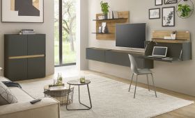 Wohnwand mit Sekret�r Center in grau matt und Wotan Eiche Wohnkombination 5-teilig 470 x 180 cm