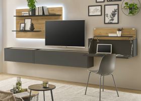 Wohnwand mit Sekret�r Center in grau matt und Wotan Eiche Wohnkombination 4-teilig 350 x 180 cm