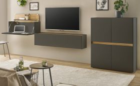 Wohnwand mit Sekret�r Center in grau matt und Wotan Eiche Wohnkombination 3-teilig 370 cm