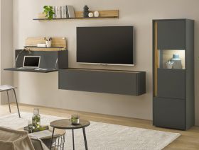Wohnwand mit Sekret�r Center in grau matt und Wotan Eiche Wohnkombination 4-teilig 320 x 170 cm