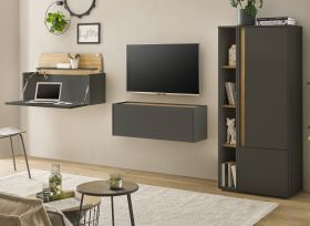 Wohnwand mit Sekret�r Center in grau matt und Wotan Eiche Wohnkombination 4-teilig 310 cm