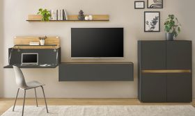 Wohnwand mit Sekret�r Center in grau matt und Wotan Eiche Wohnkombination 4-teilig 370 cm