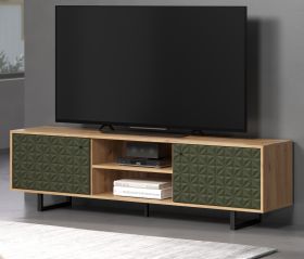 TV-Lowboard Sculpta in gr�n matt mit 3-D Struktur und Eiche Artisan TV-Unterteil 184 cm