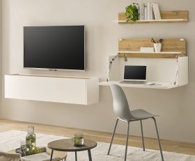 Wohnwand mit Sekret�r Center in wei� und Wotan Eiche Wohnkombination 3-teilig 270 x 170 cm