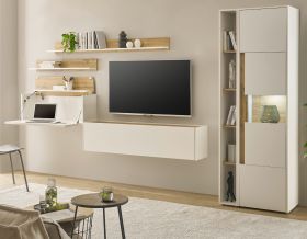 Wohnwand mit Sekret�r Center in wei� und Wotan Eiche Wohnkombination 6-teilig 340 x 200 cm