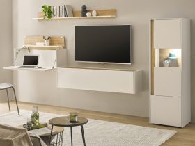 Wohnwand mit Sekret�r Center in wei� und Wotan Eiche Wohnkombination 4-teilig 320 x 170 cm